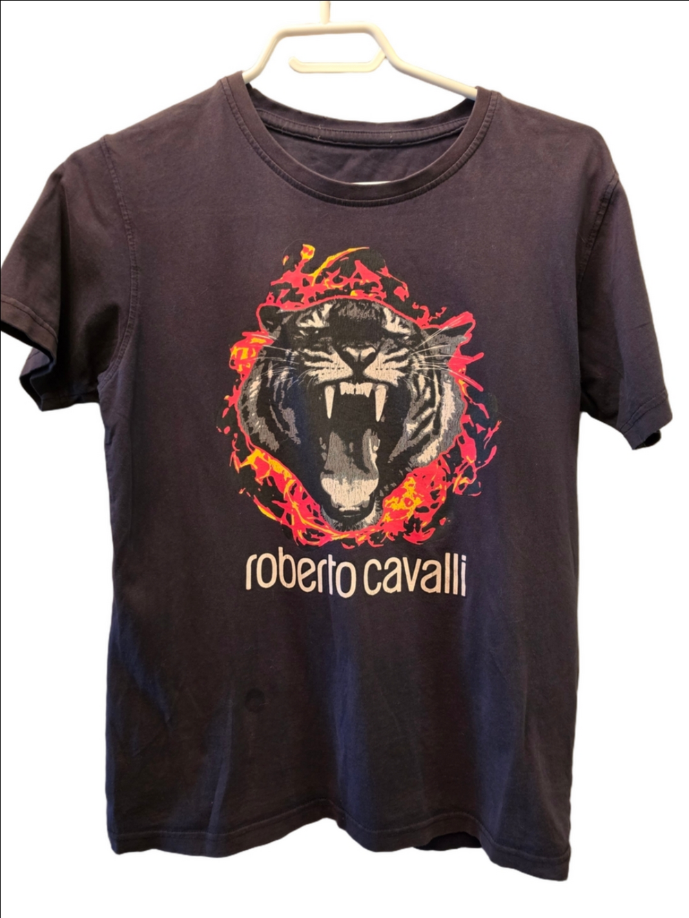 Roberto Cavalli Fire Tiger Graphic Distressed Black Designer T-Shirt S